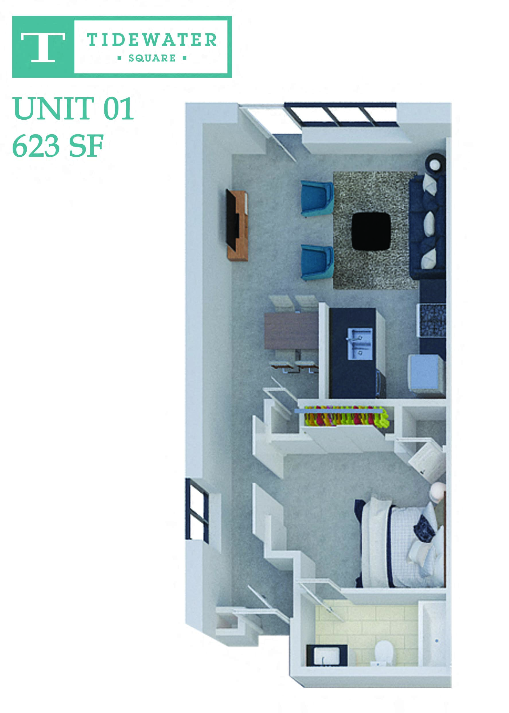 Floor plan for 1 bed, 1 bath, 623 sqft