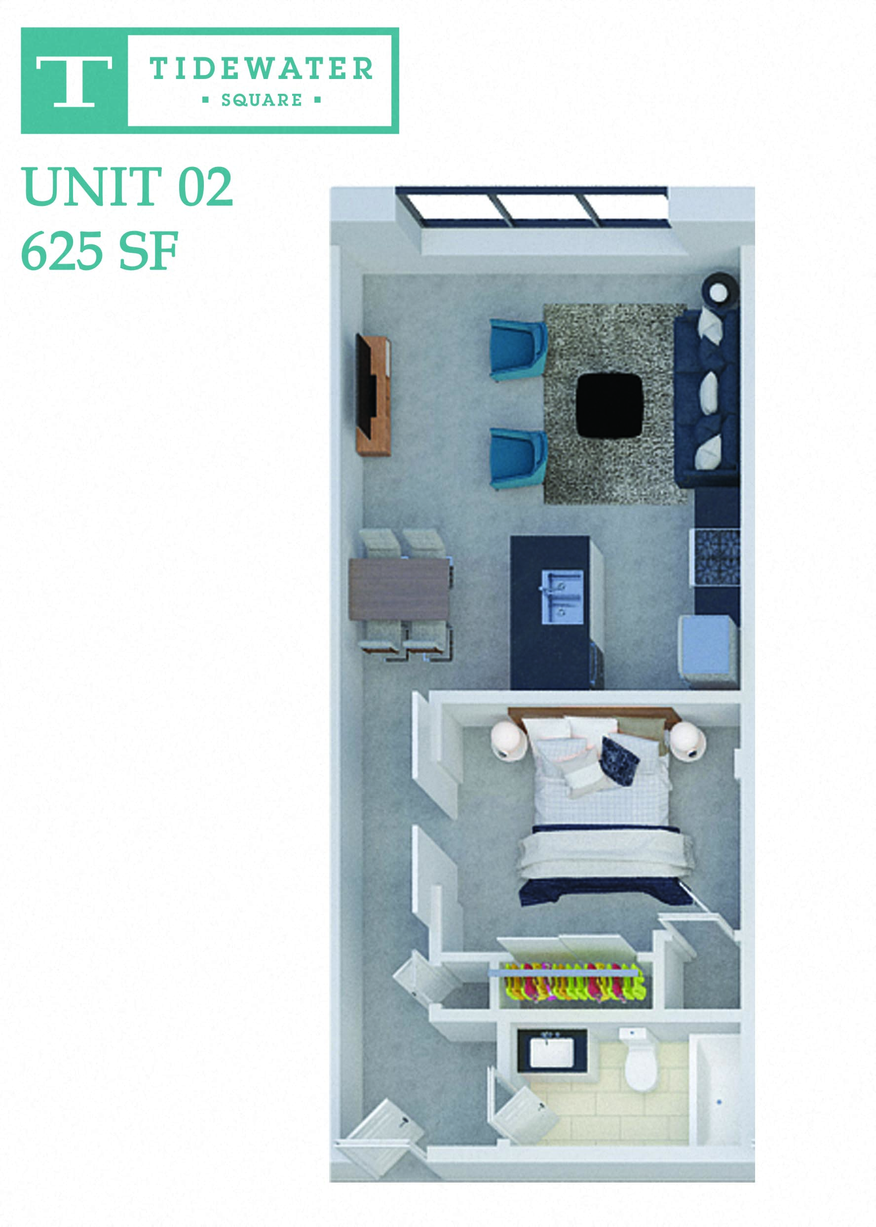 Floor plan for 1 bed, 1 bath, 625 sqft