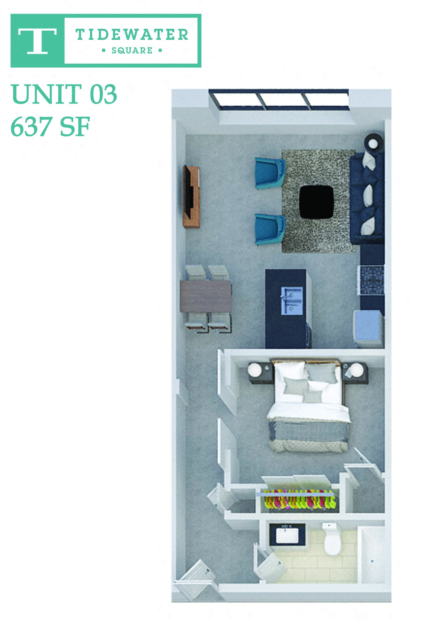 Floor plan for 1 bed, 1 bath, 637 sqft