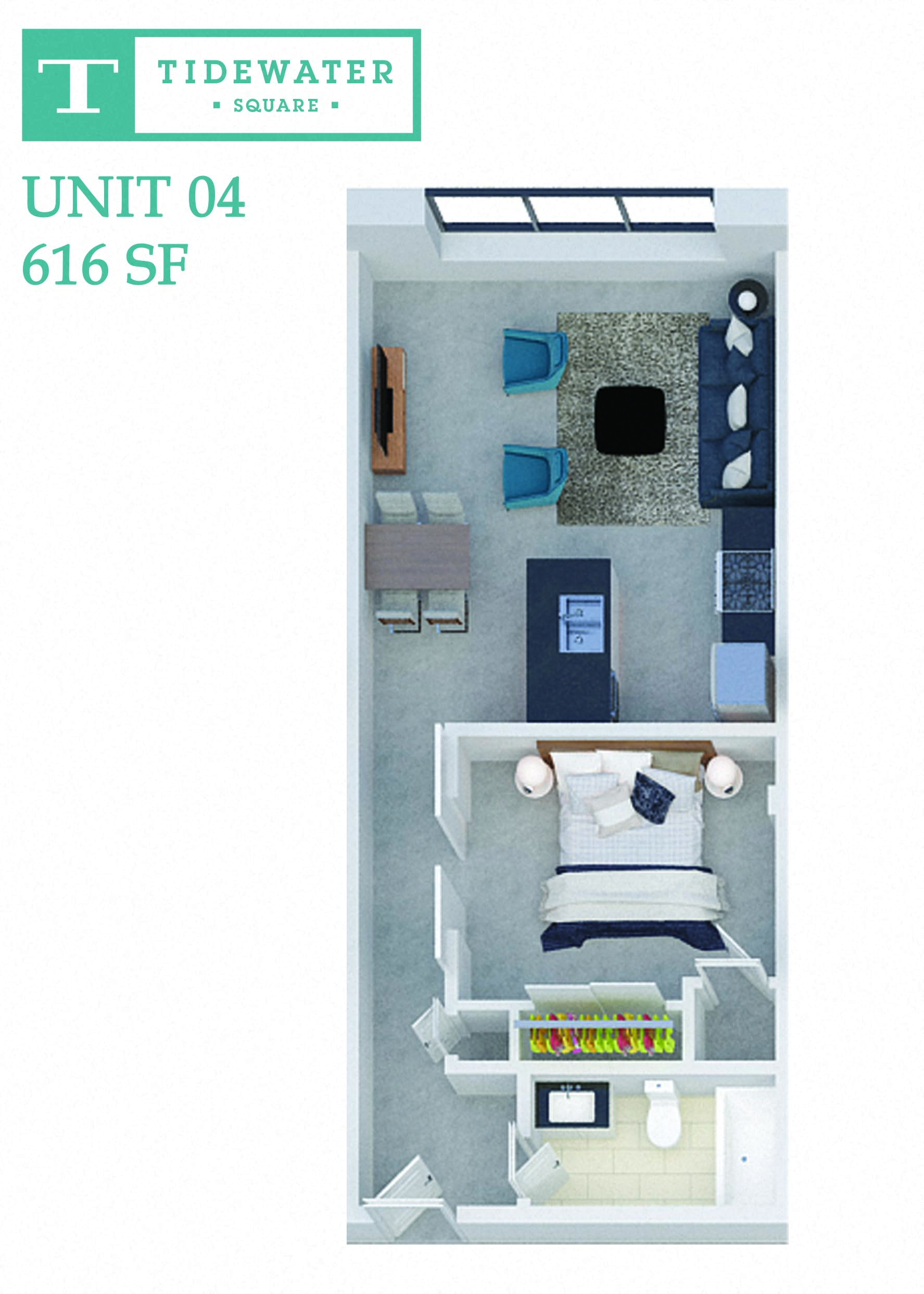 Floor plan for 1 bed, 1 bath, 616 sqft