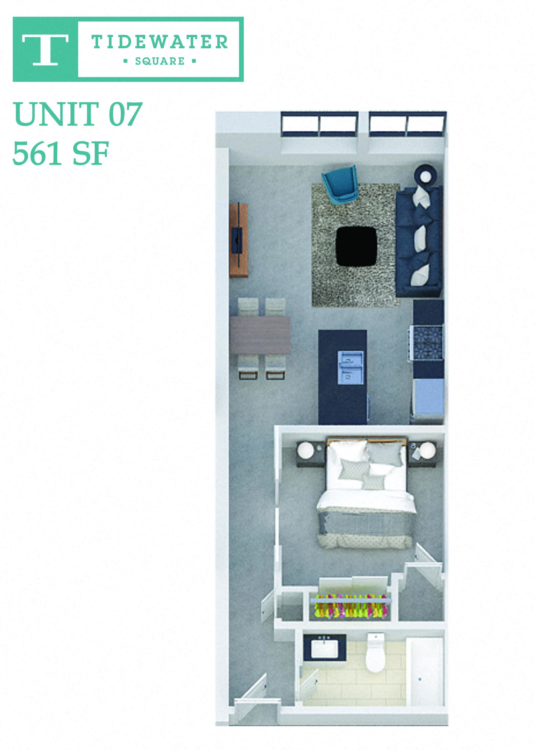 Floor plan for 1 bed, 1 bath, 561 sqft