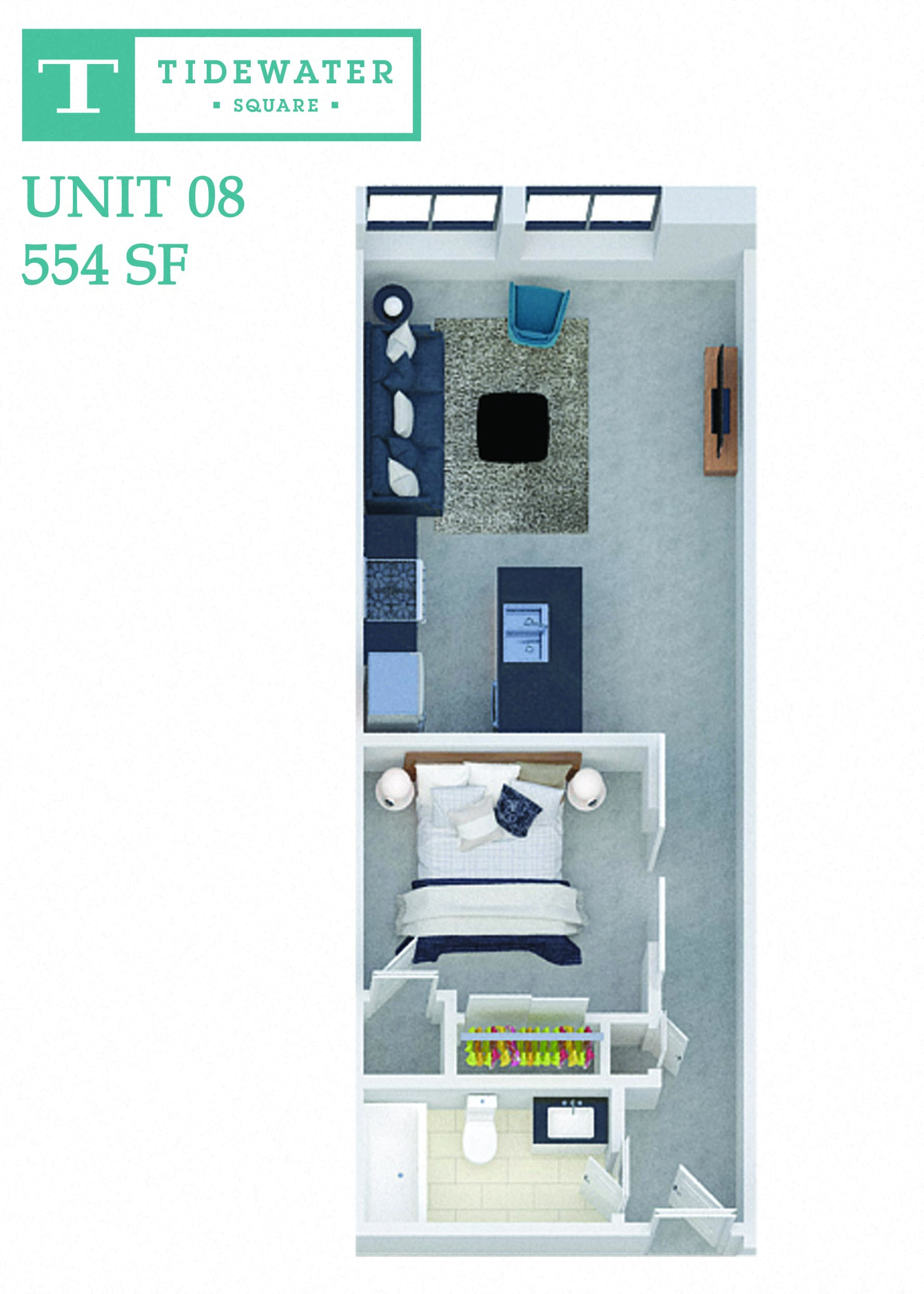 Floor plan for 1 bed, 1 bath, 554 sqft