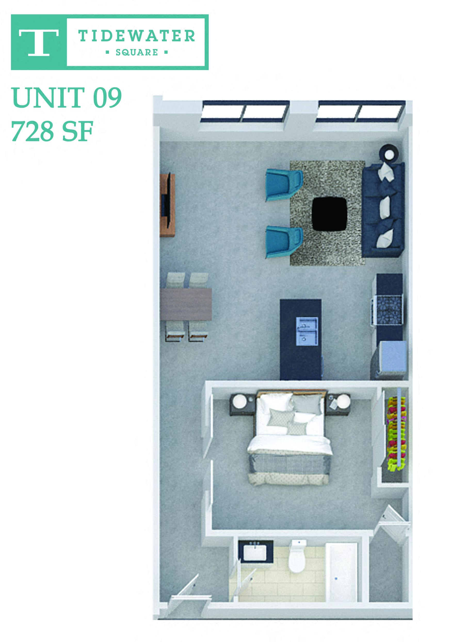Floor plan for 1 bed, 1 bath, 728 sqft