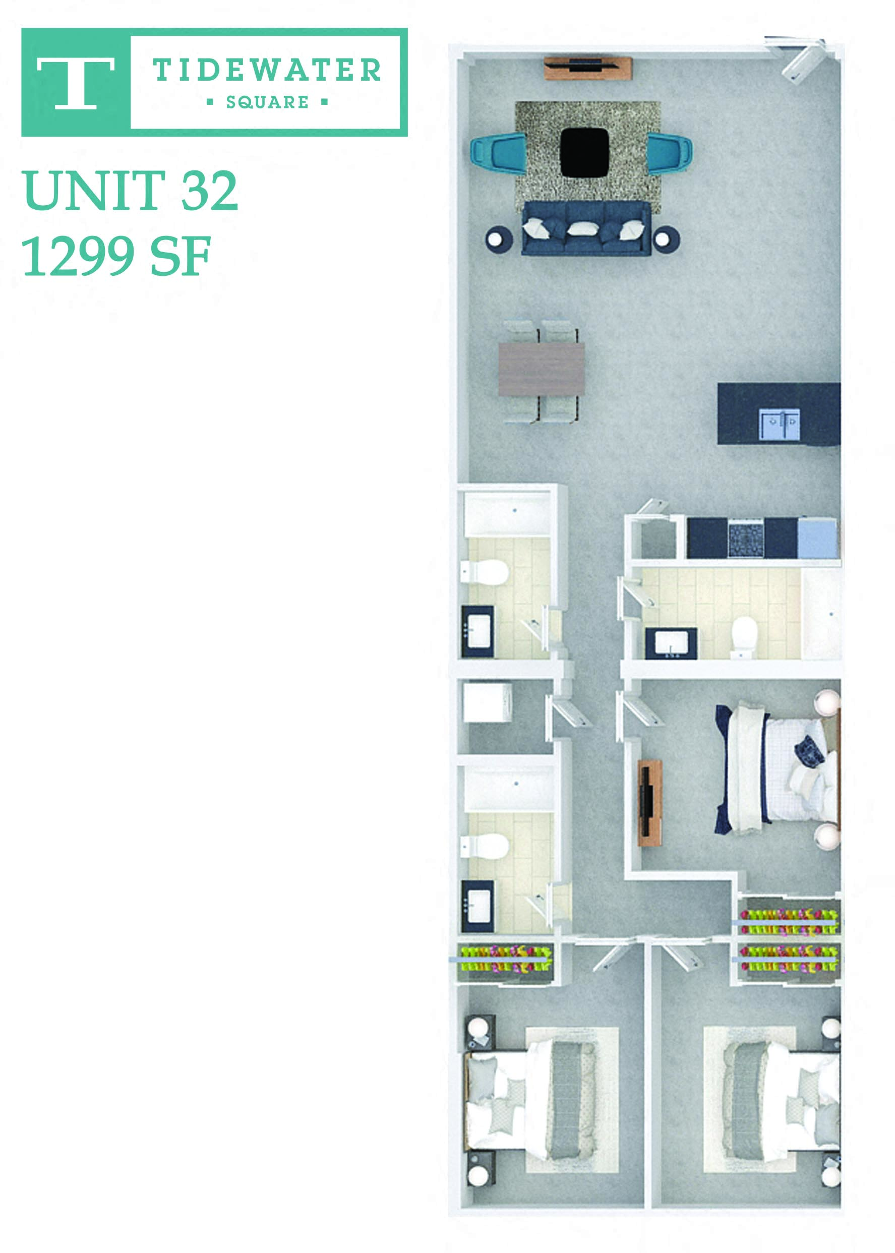 Floor plan for 3 beds, 3 baths, 1299 sqft