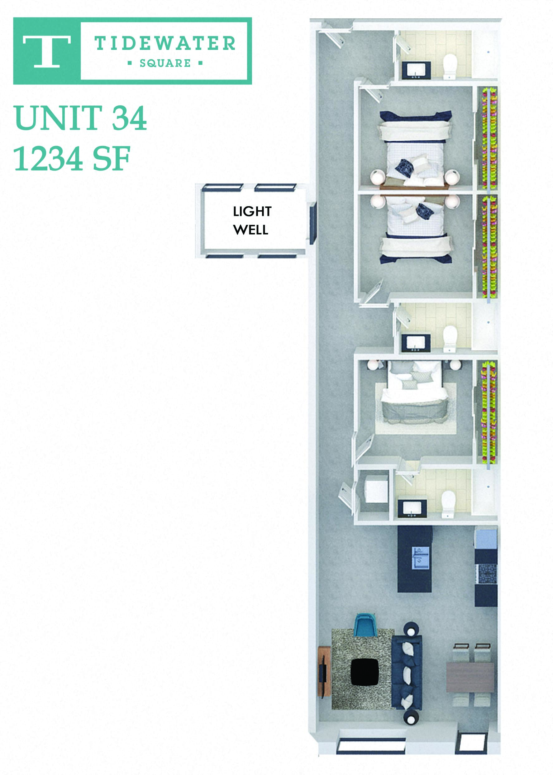 Floor plan for 3 beds, 3 baths, 1234 sqft