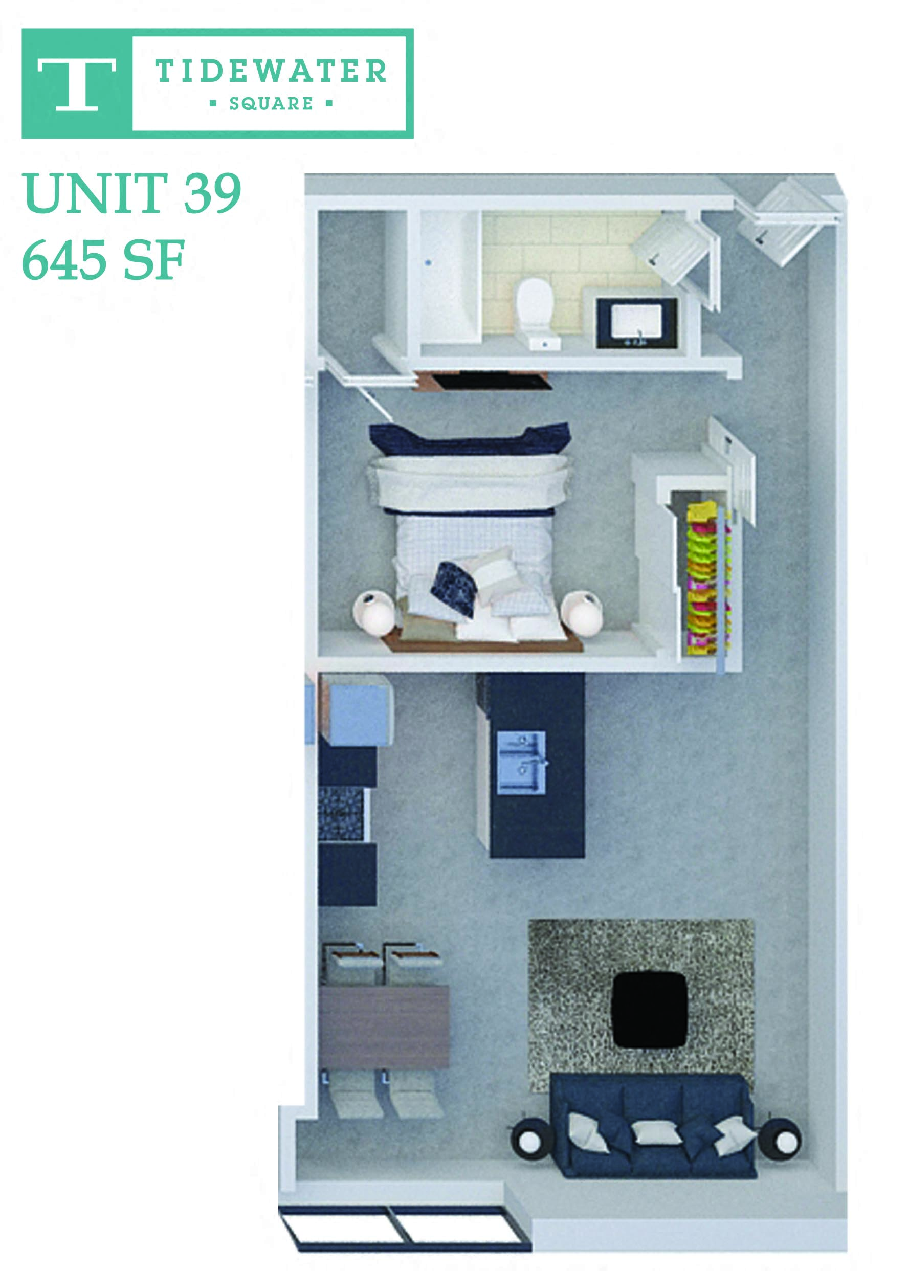 Floor plan for 1 bed, 1 bath, 645 sqft
