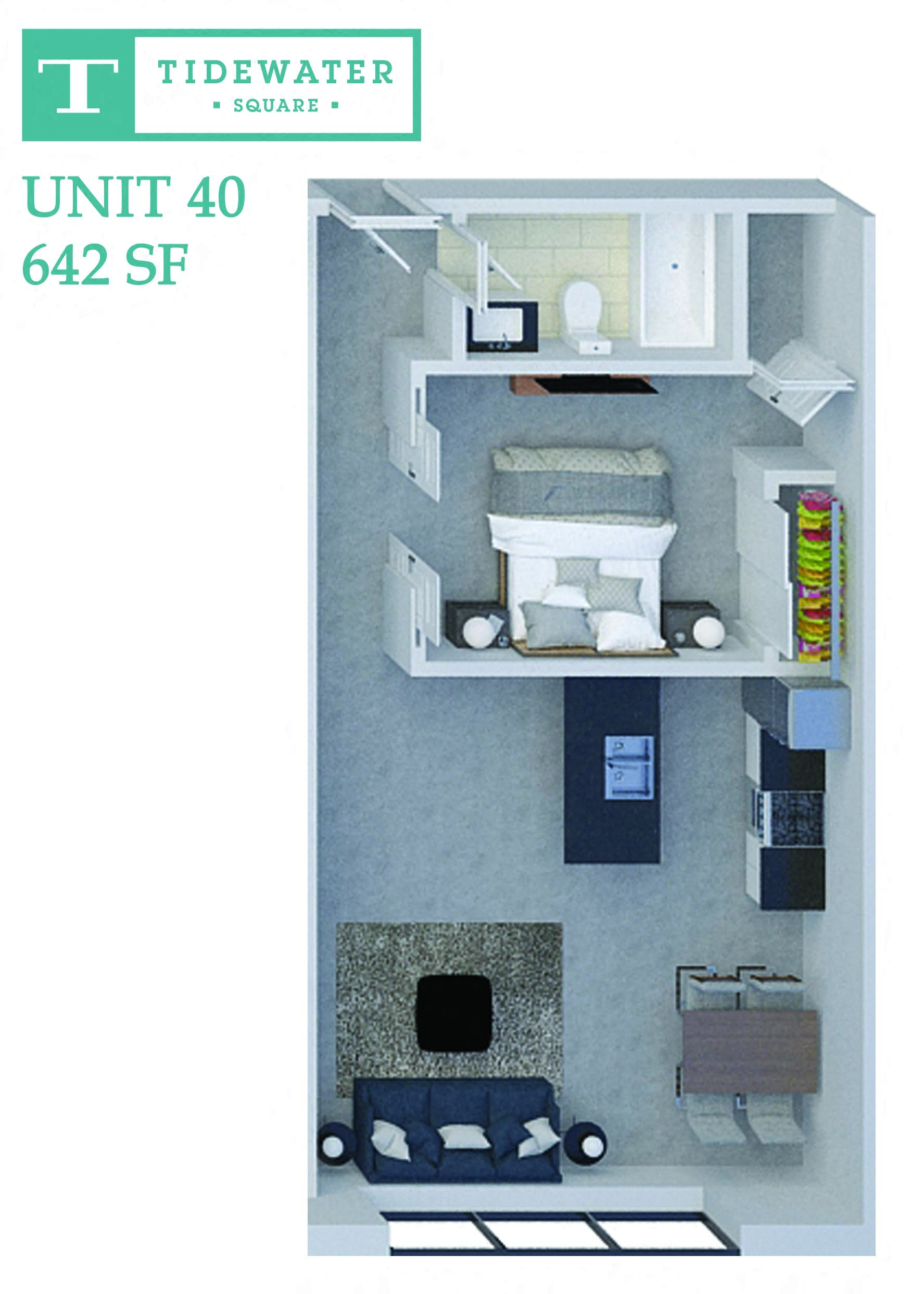 Floor plan for 1 bed, 1 bath, 642 sqft