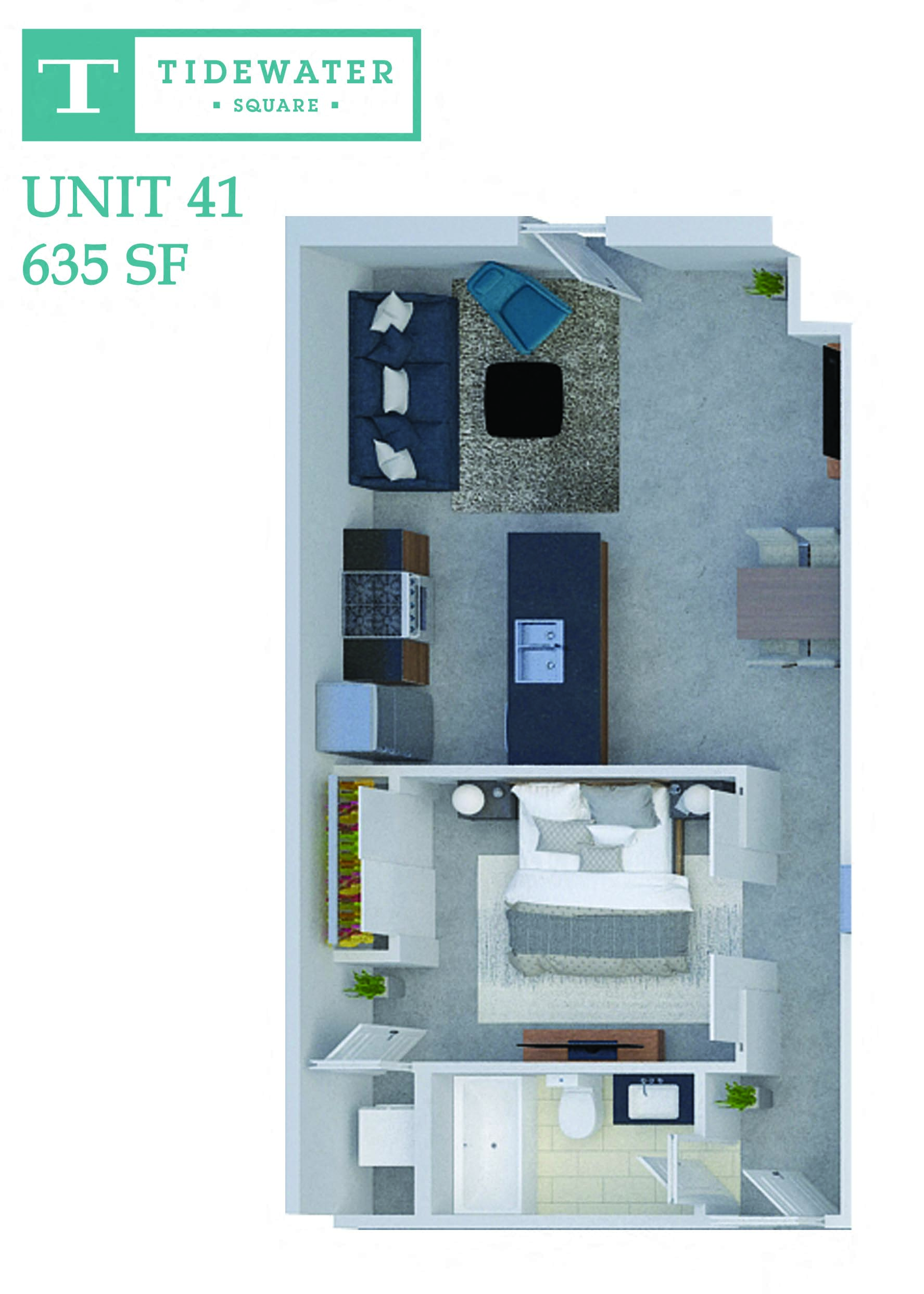 Floor plan for 1 bed, 1 bath, 635 sqft