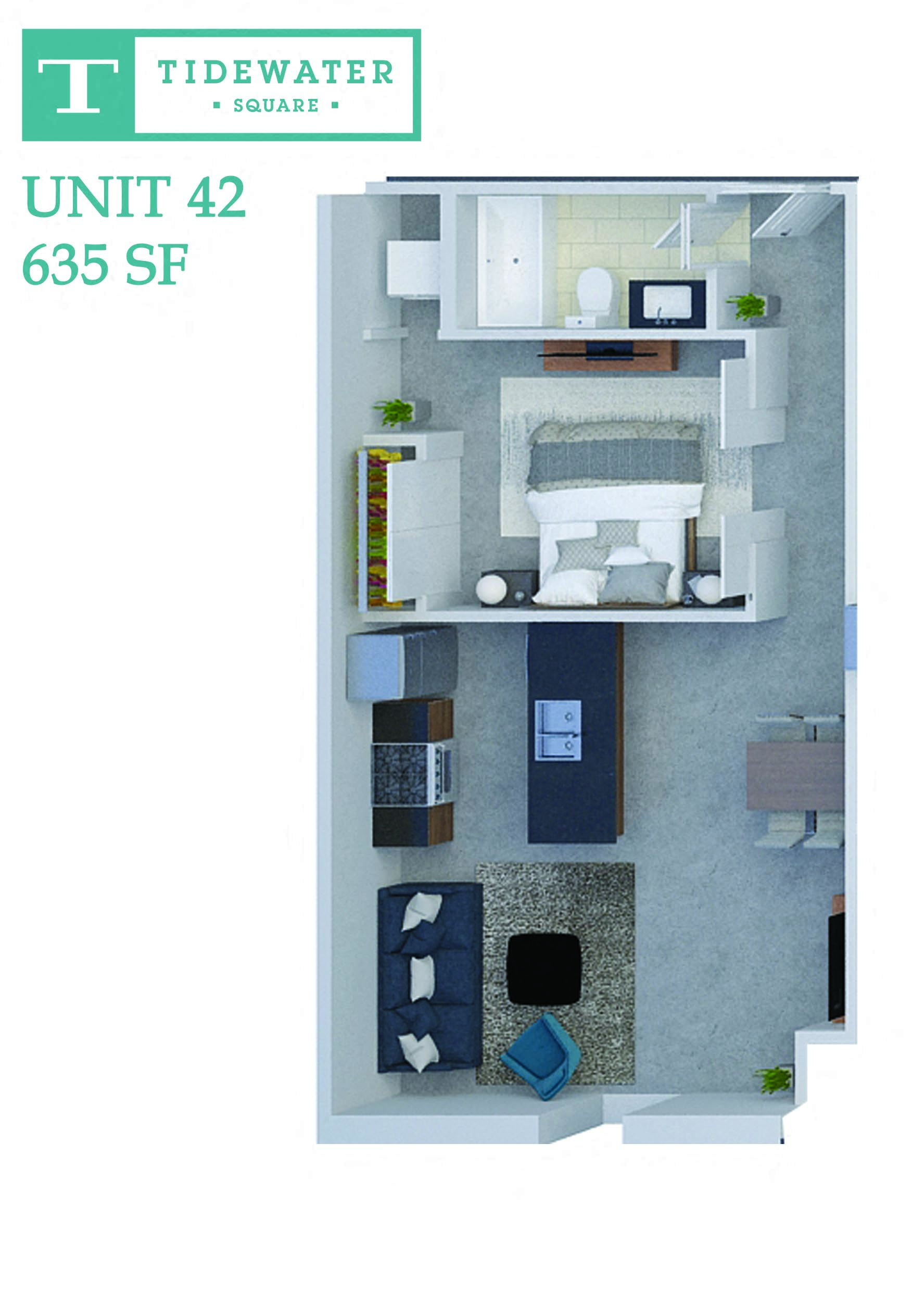 Floor plan for 1 bed, 1 bath, 635 sqft