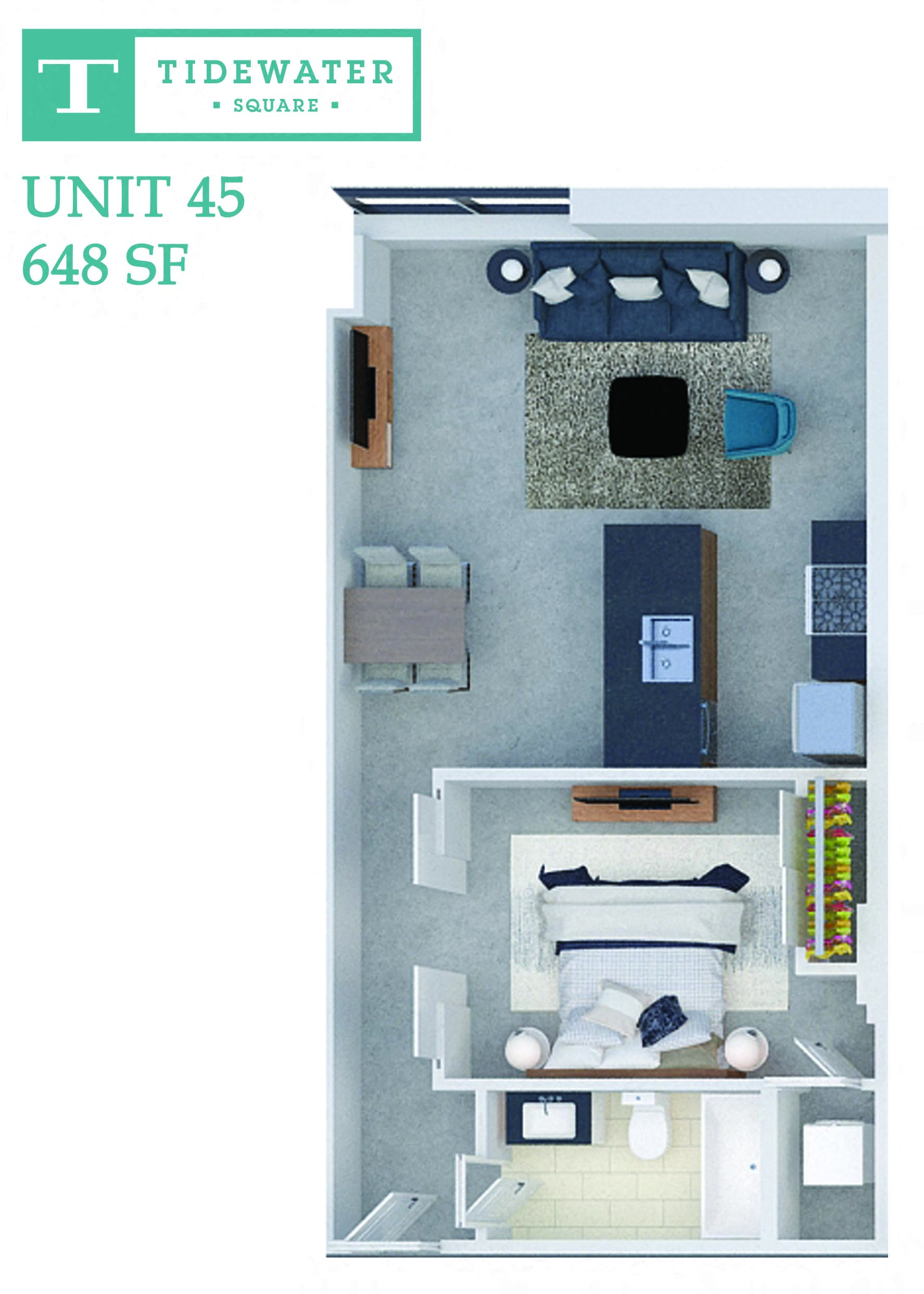 Floor plan for 1 bed, 1 bath, 648 sqft