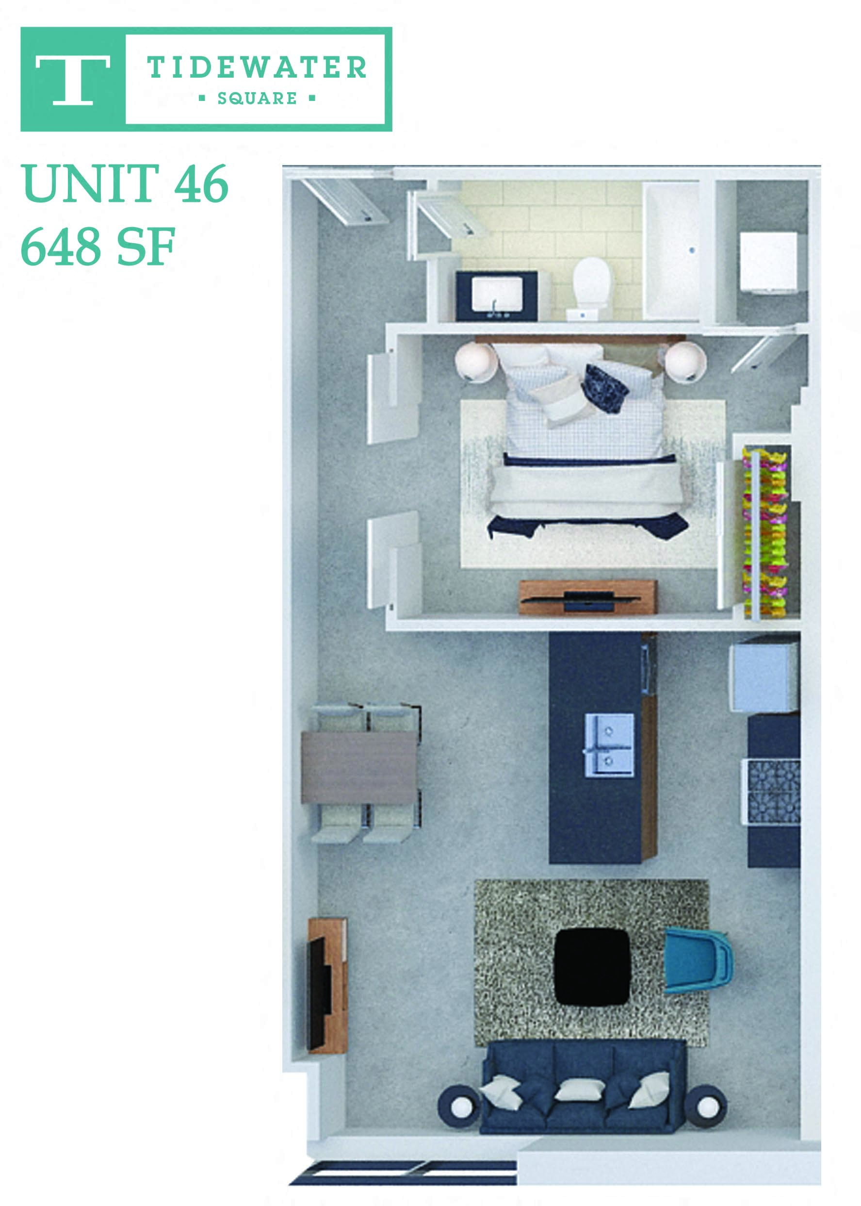 Floor plan for 1 bed, 1 bath, 648 sqft