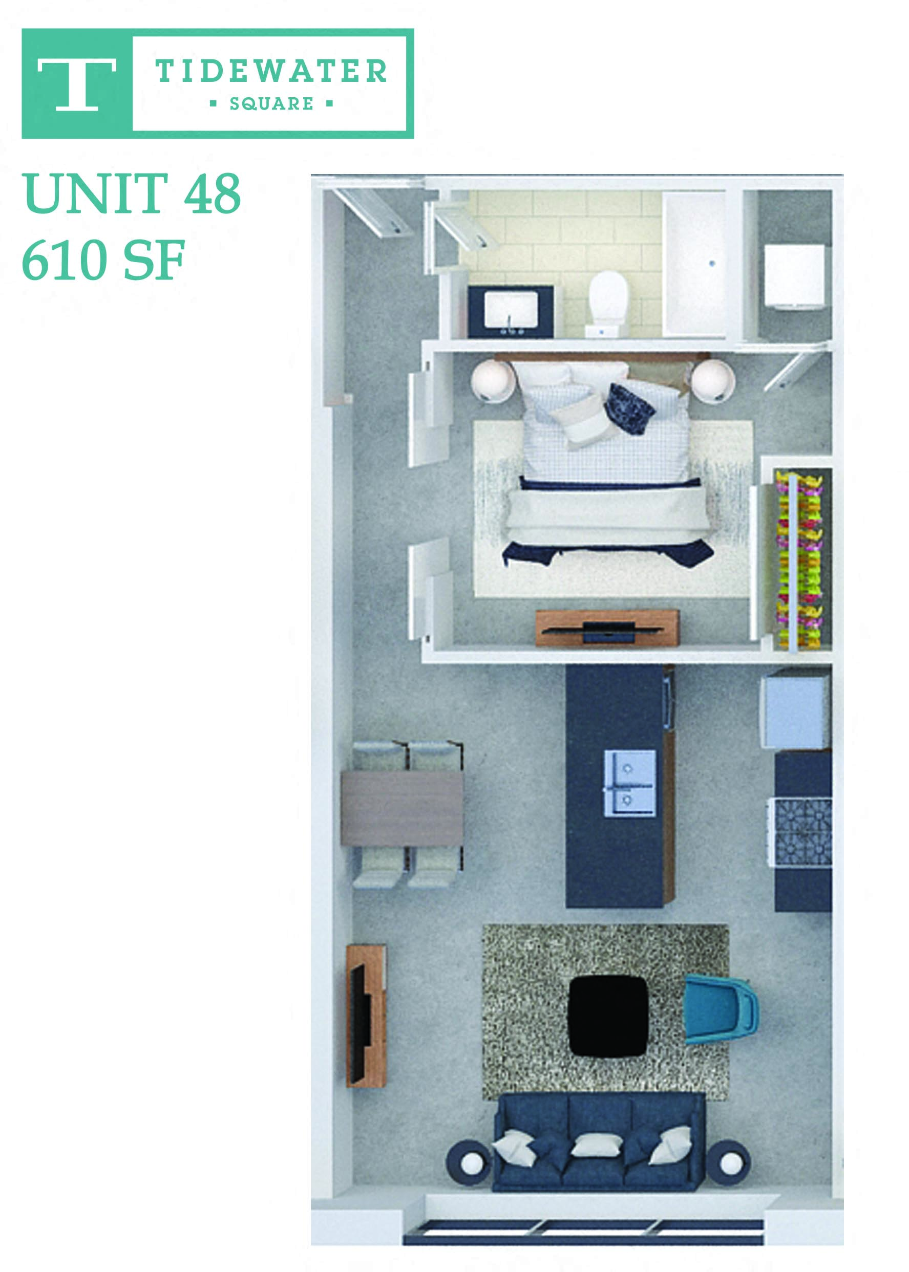 Floor plan for 1 bed, 1 bath, 610 sqft