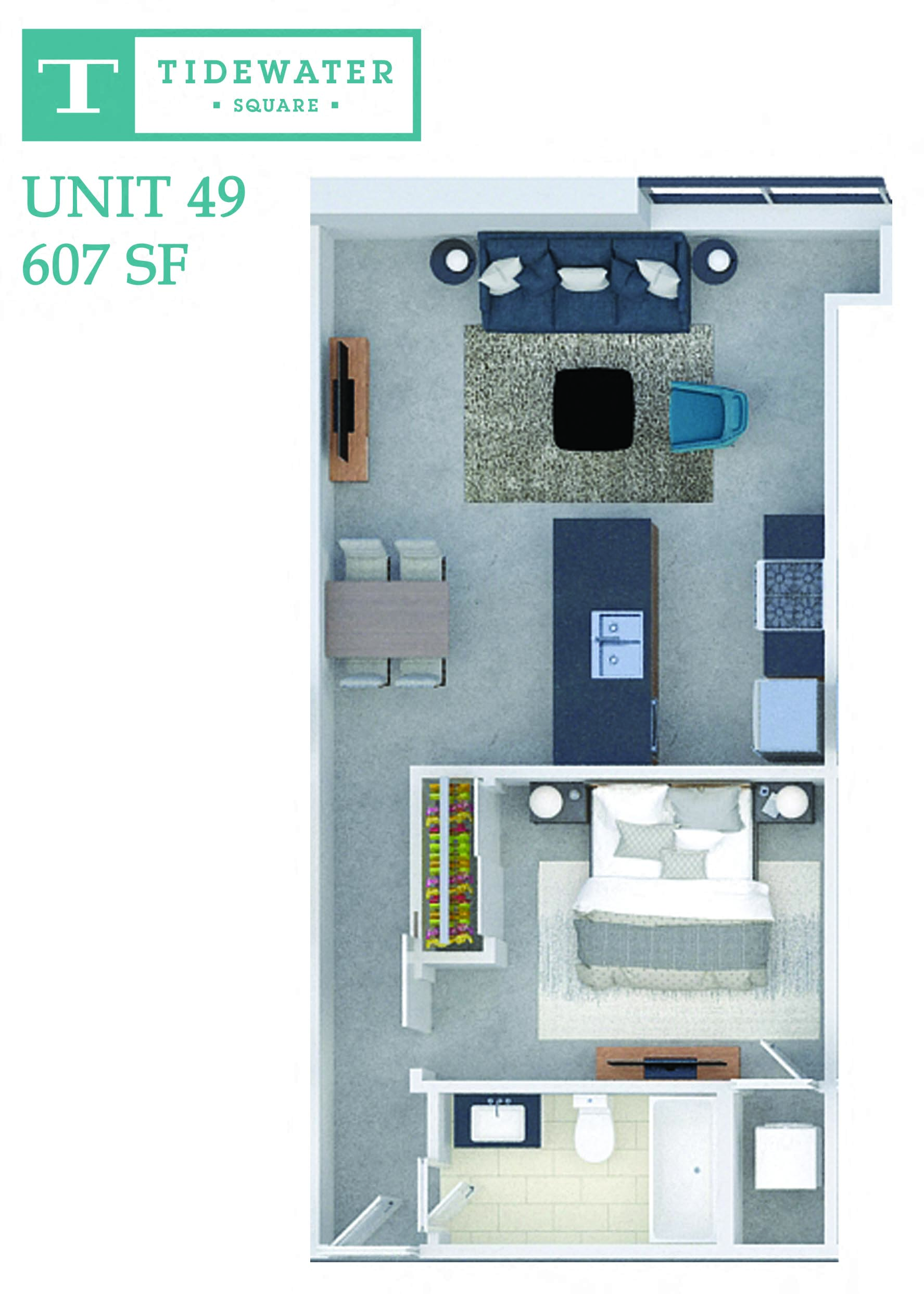 Floor plan for 1 bed, 1 bath, 607 sqft