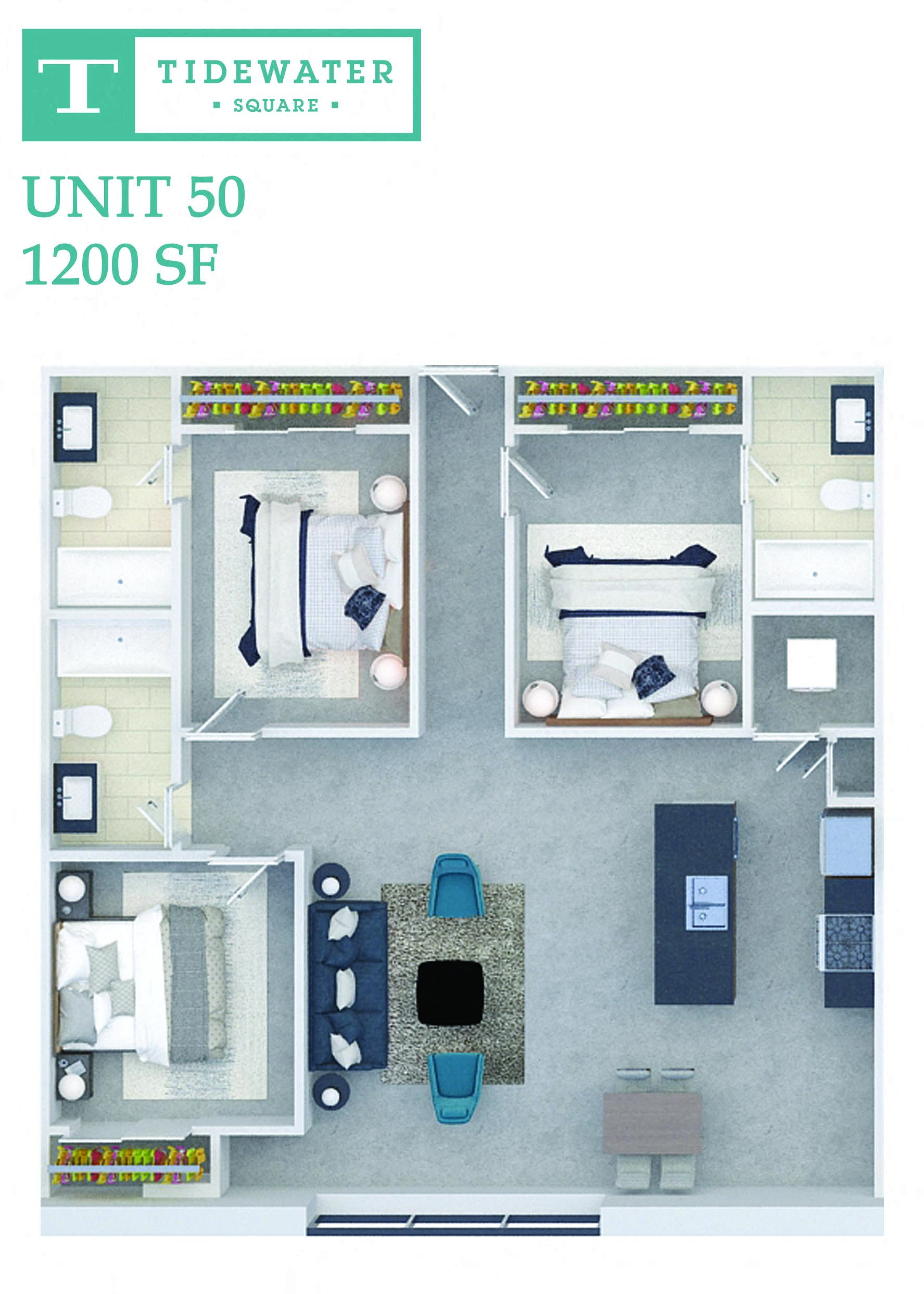 Floor plan for 3 beds, 3 baths, 1200 sqft