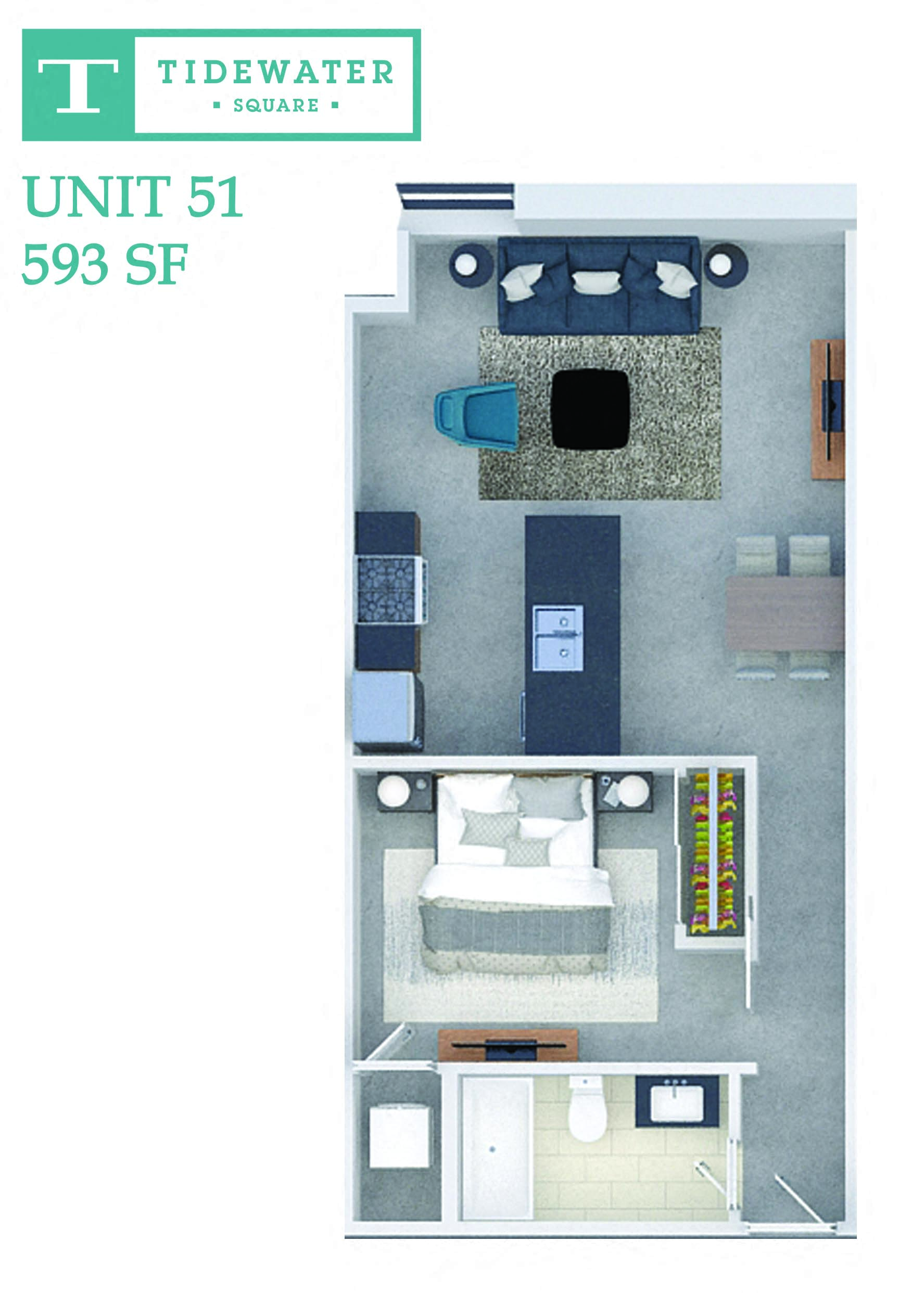 Floor plan for 1 bed, 1 bath, 593 sqft