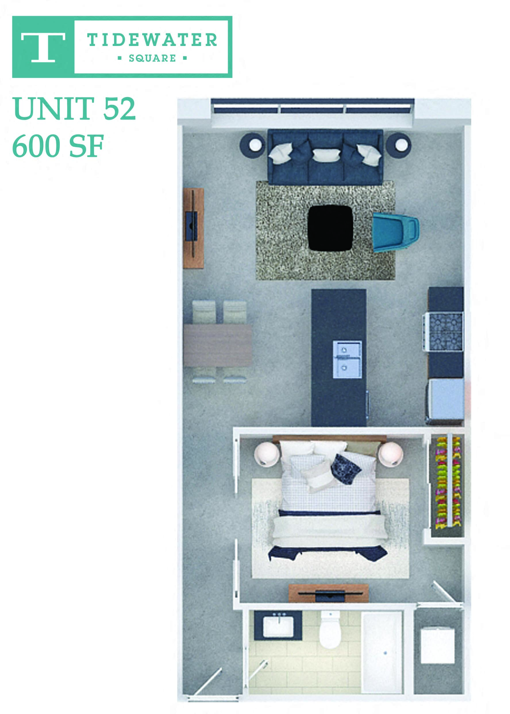 Floor plan for 1 bed, 1 bath, 600 sqft