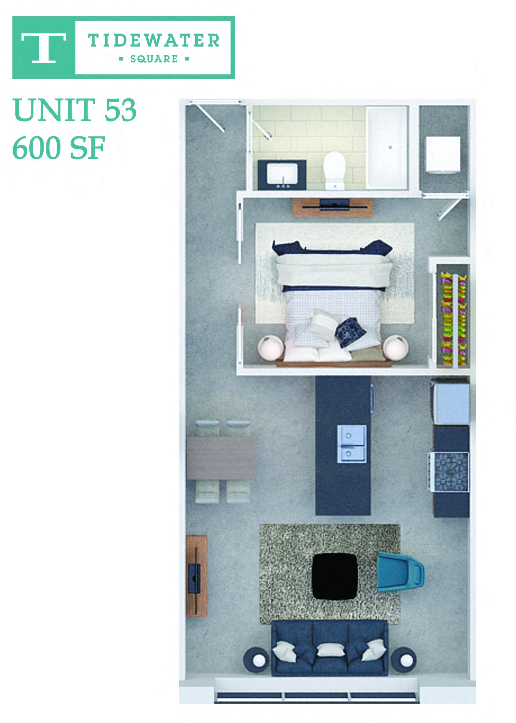 Floor plan for 1 bed, 1 bath, 600 sqft