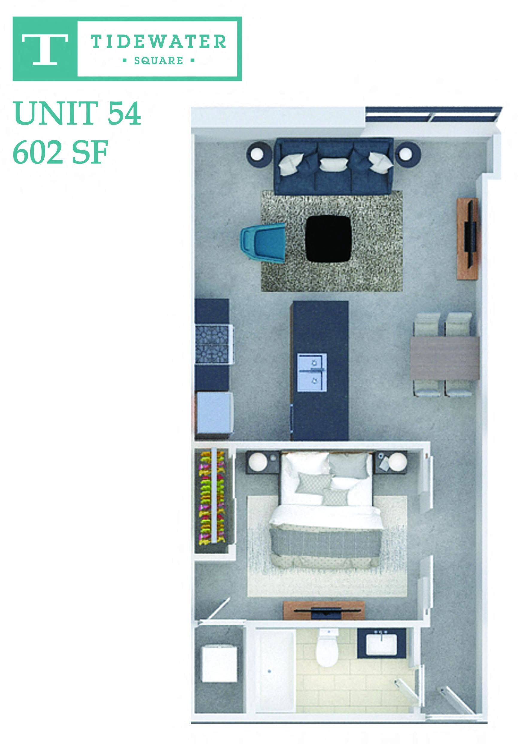 Floor plan for 1 bed, 1 bath, 602 sqft