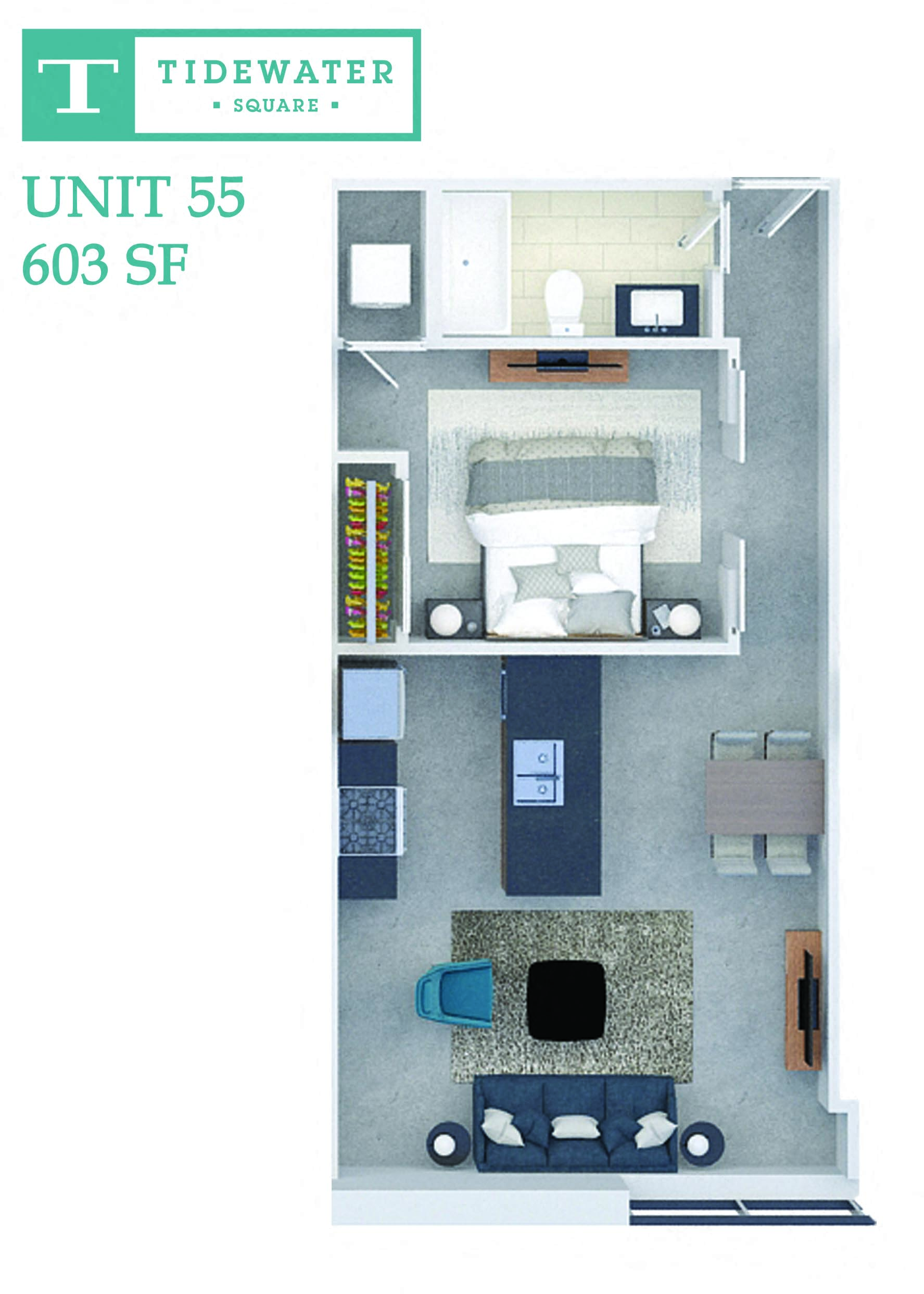 Floor plan for 1 bed, 1 bath, 603 sqft