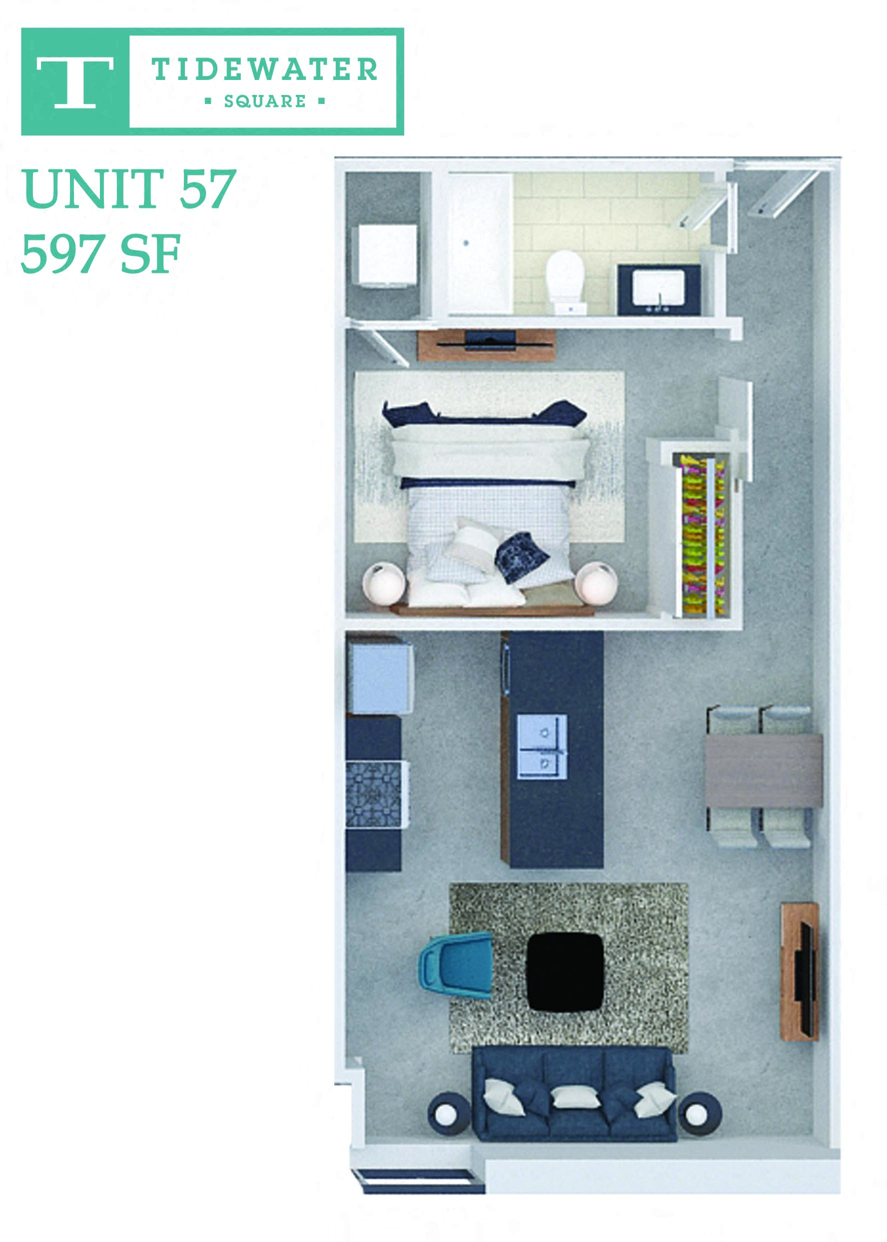 Floor plan for 1 bed, 1 bath, 597 sqft