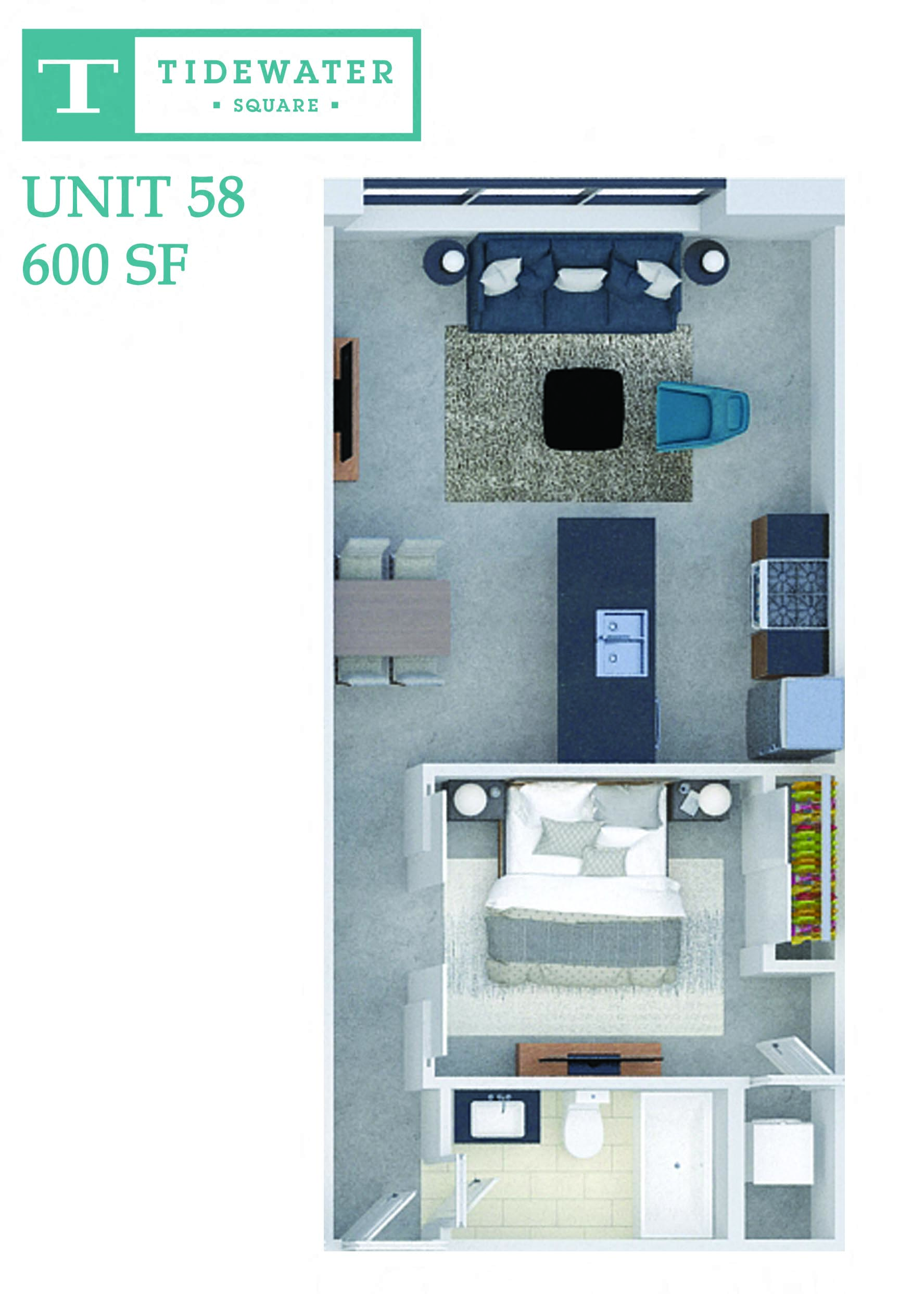 Floor plan for 1 bed, 1 bath, 600 sqft