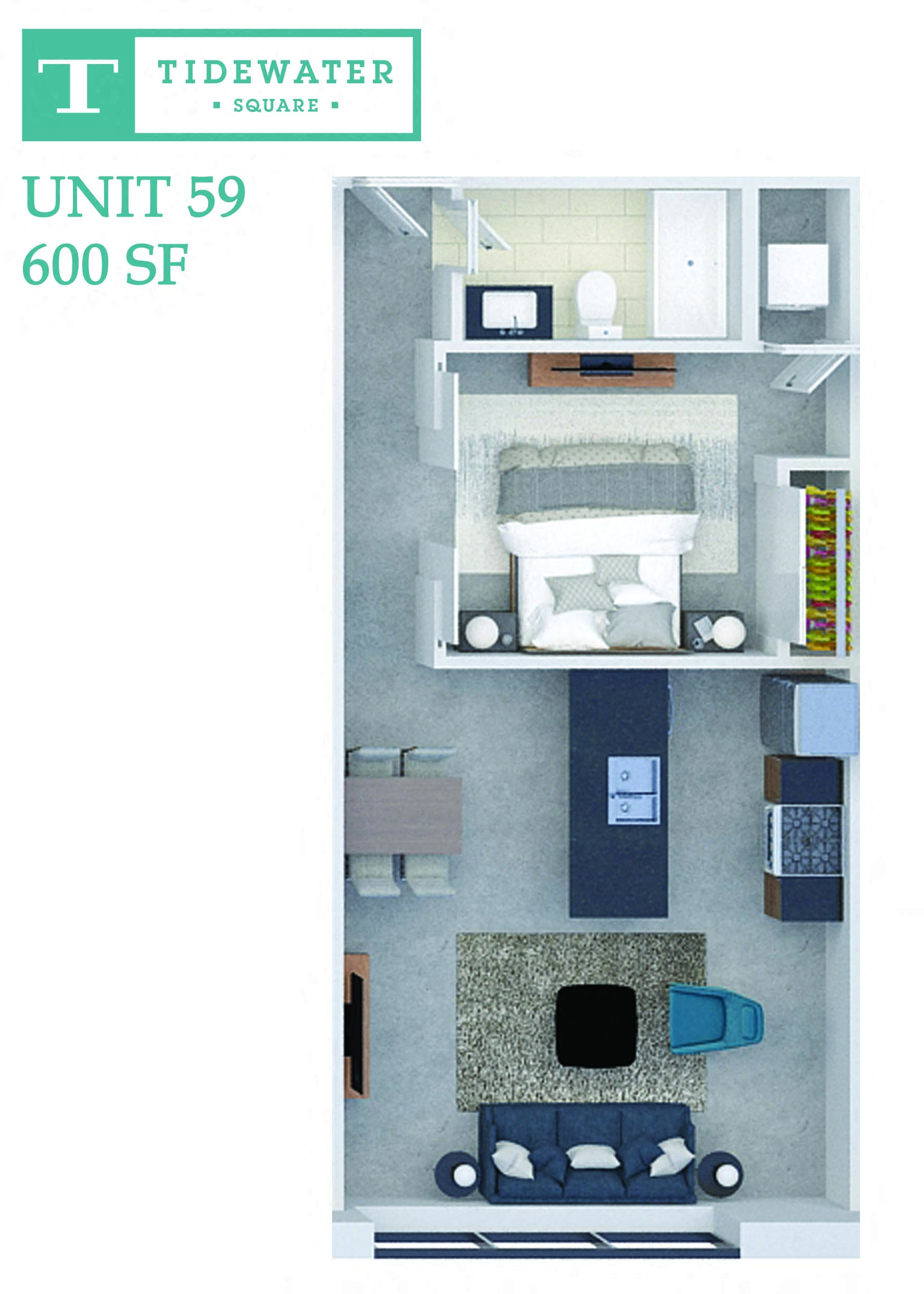 Floor plan for 1 bed, 1 bath, 600 sqft
