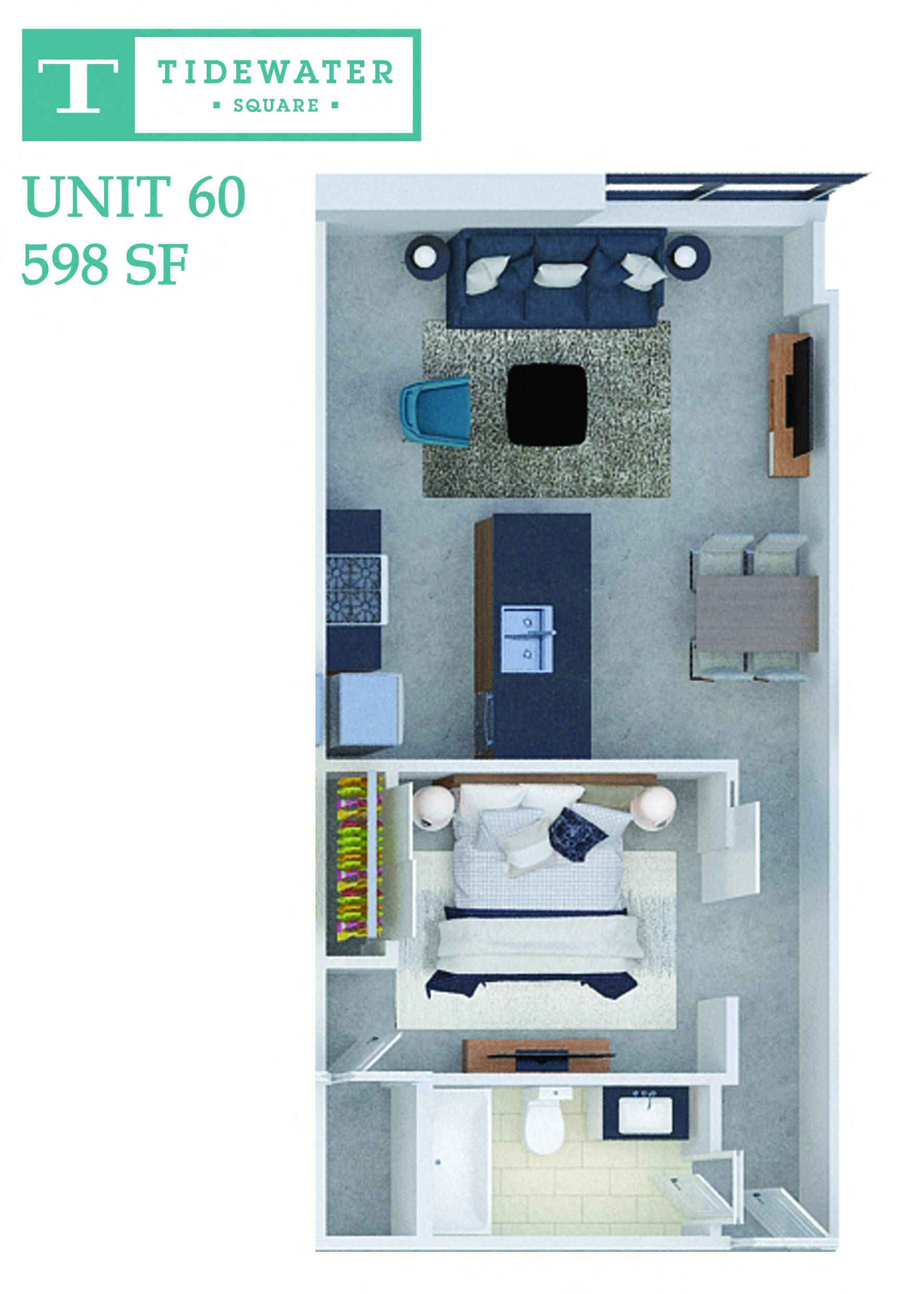 Floor plan for 1 bed, 1 bath, 598 sqft