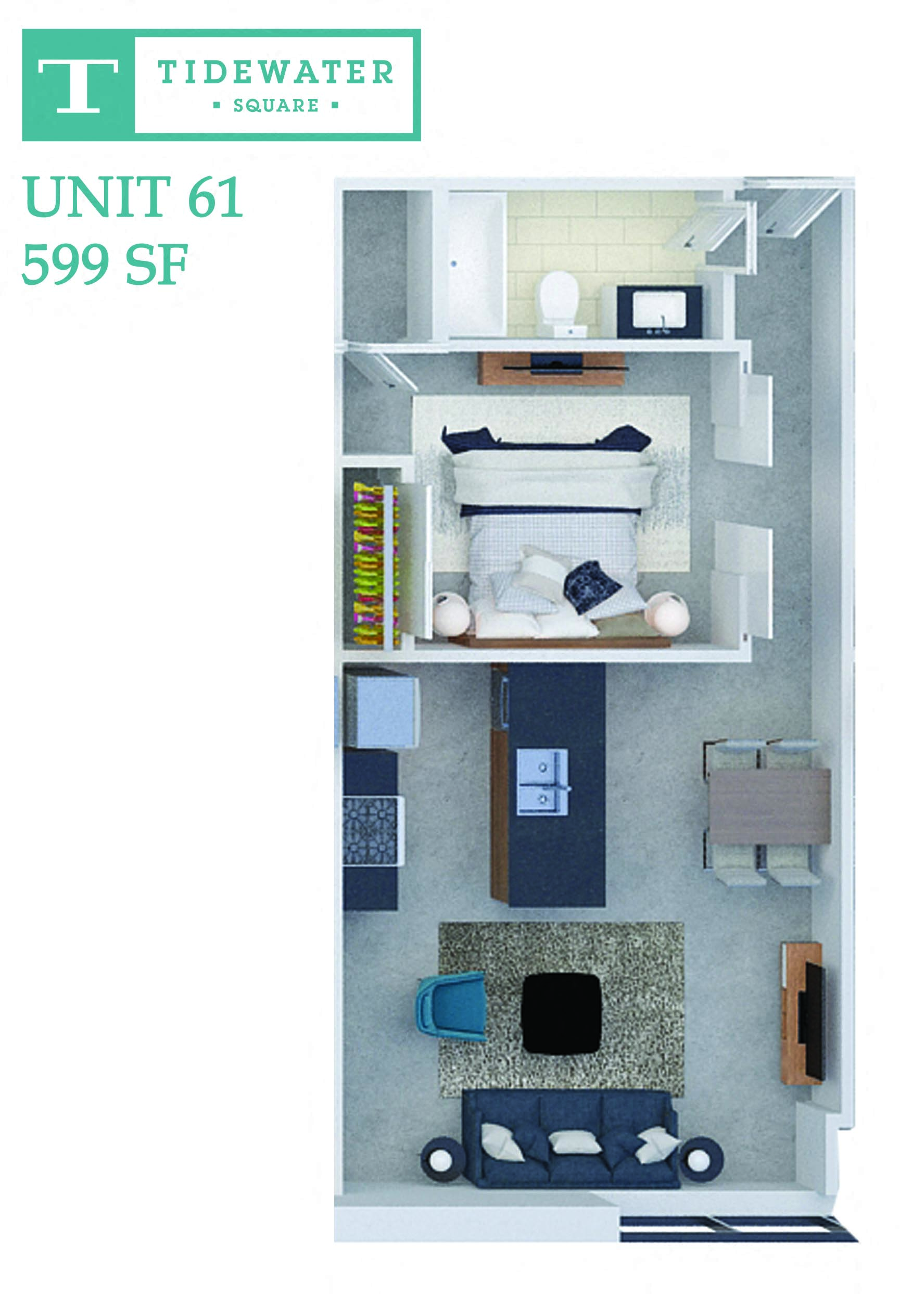 Floor plan for 1 bed, 1 bath, 599 sqft