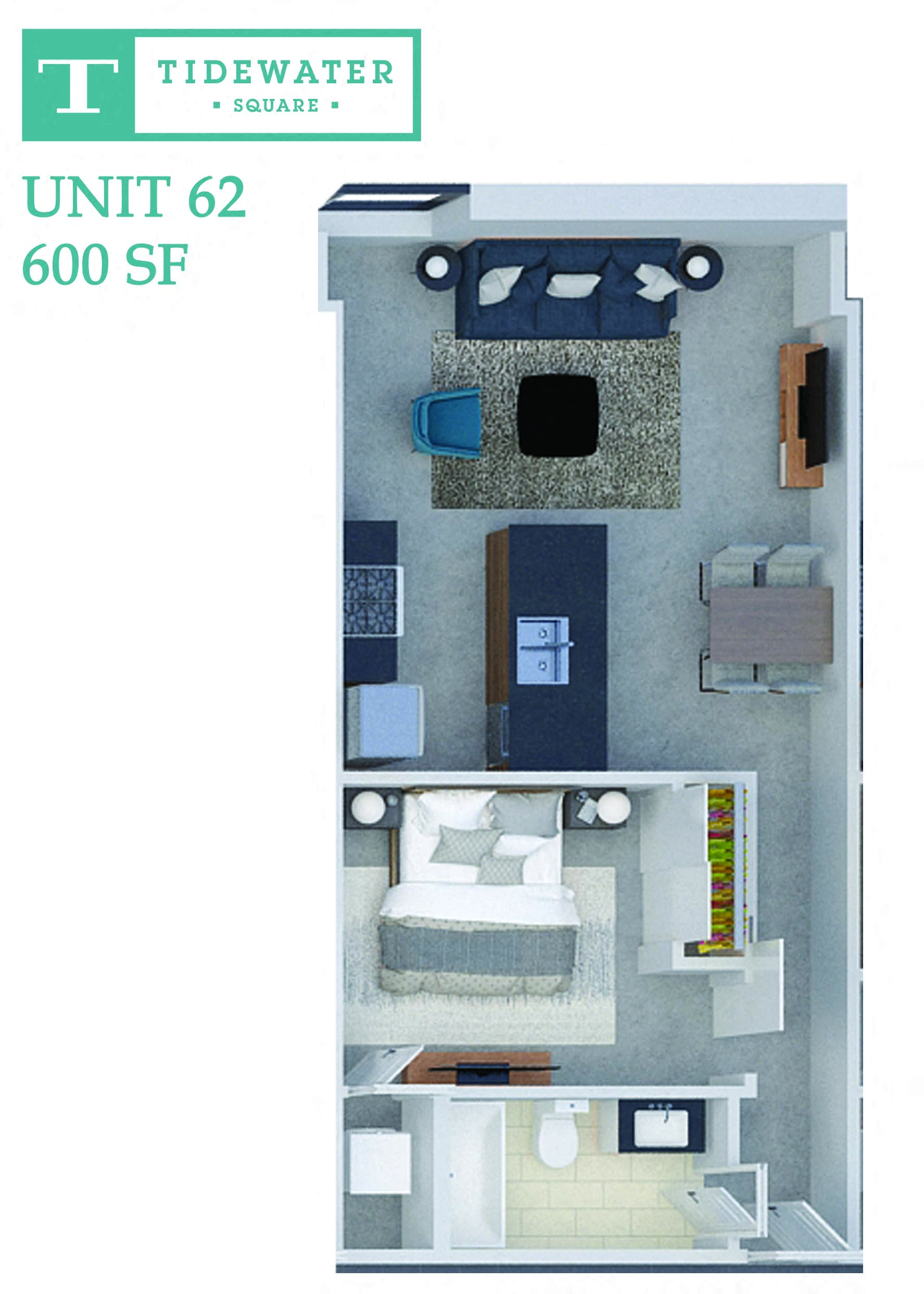 Floor plan for 1 bed, 1 bath, 600 sqft