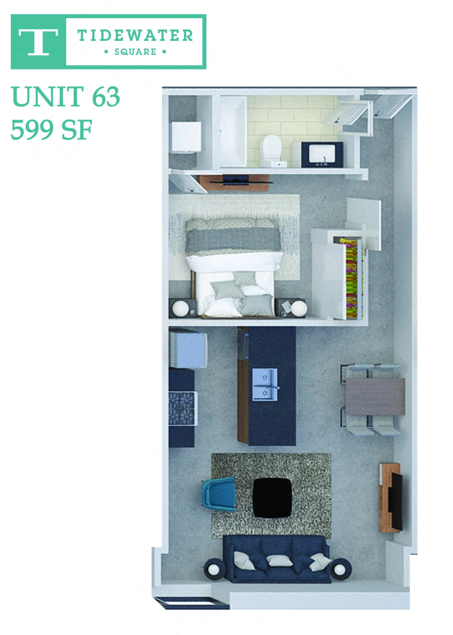 Floor plan for 1 bed, 1 bath, 599 sqft
