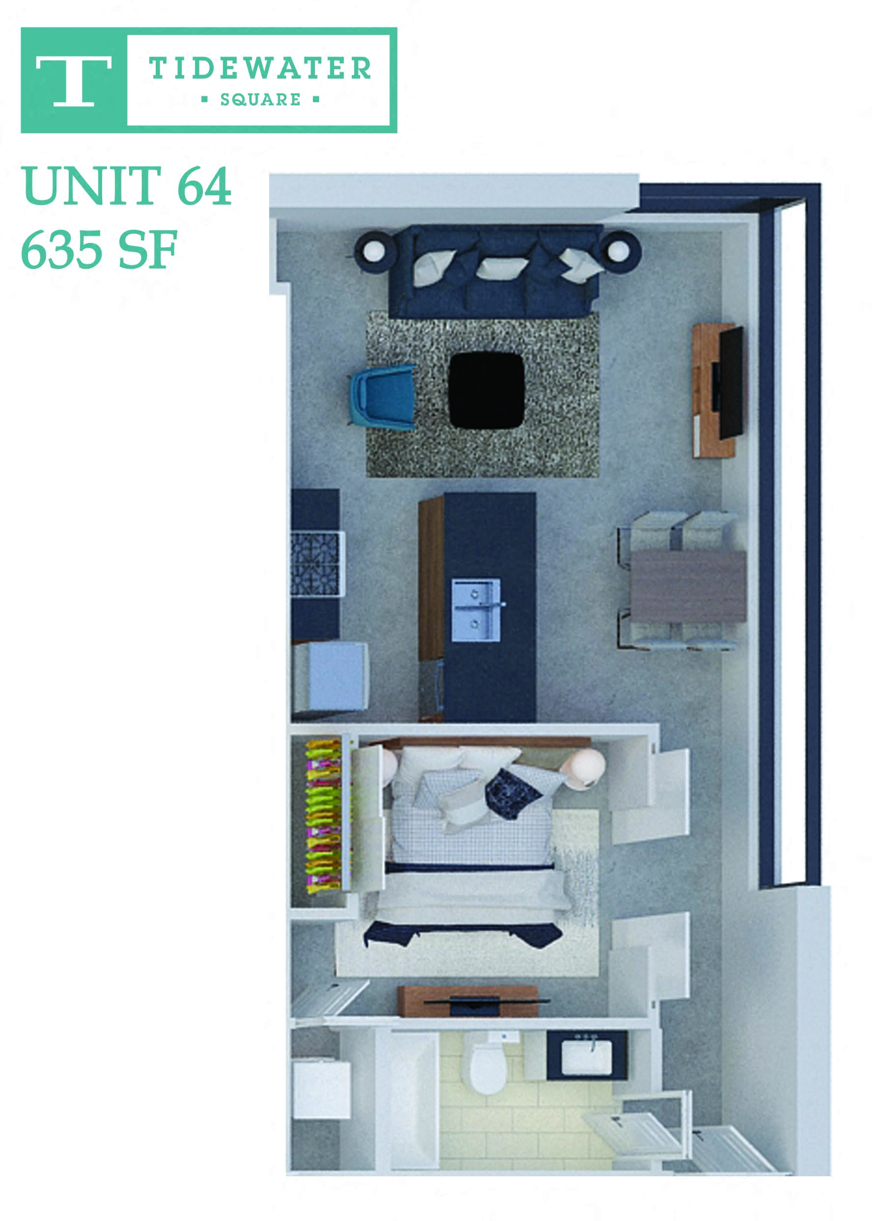 Floor plan for 1 bed, 1 bath, 635 sqft