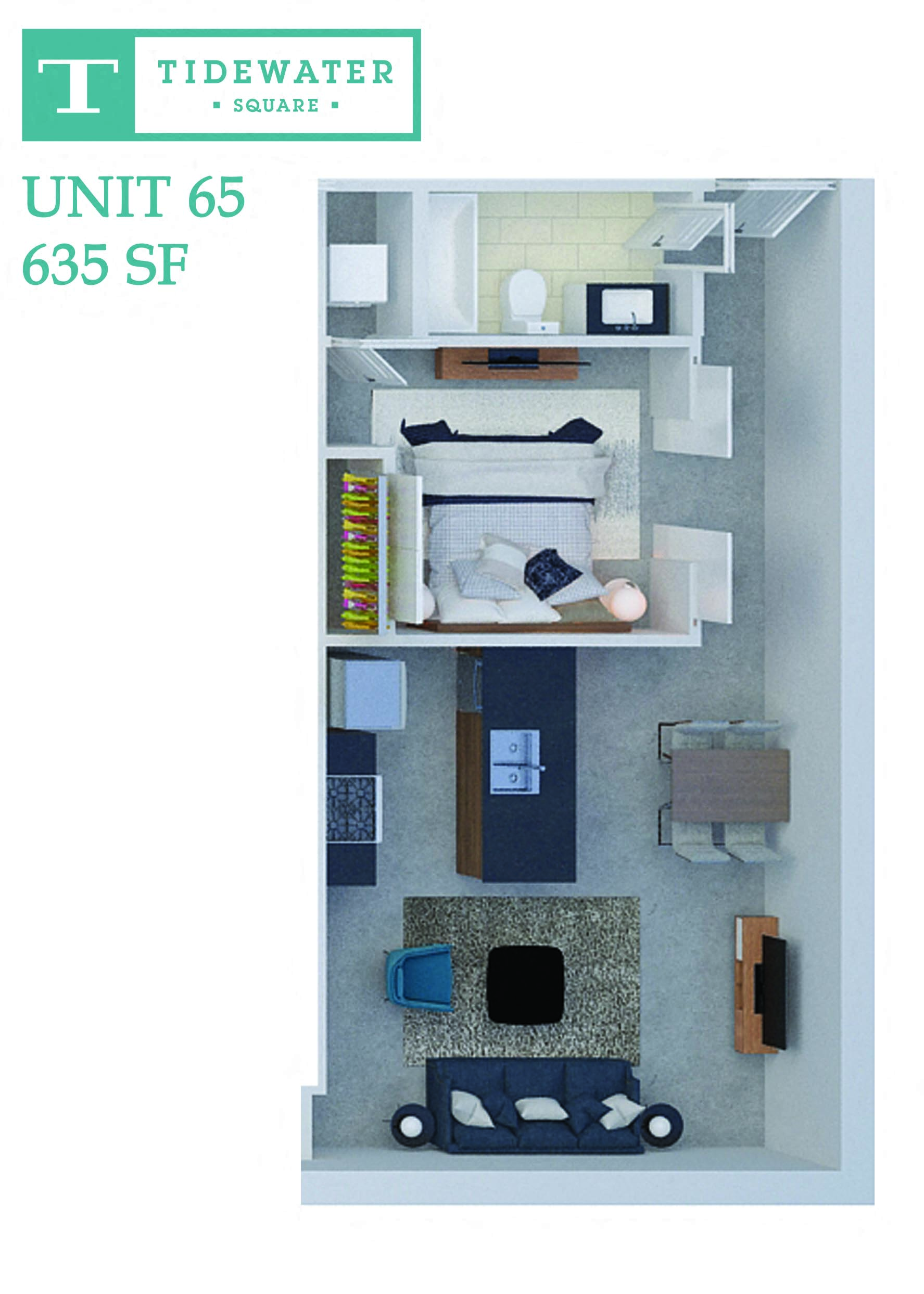 Floor plan for 1 bed, 1 bath, 635 sqft