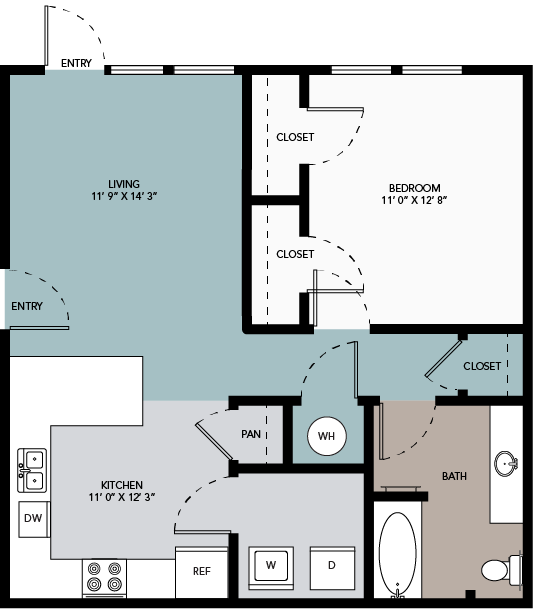 Floor plan for 1 bed, 1 bath, 687 sqft