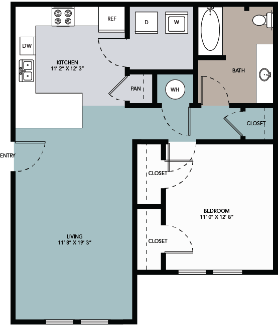 Floor plan for 1 bed, 1 bath, 745 sqft