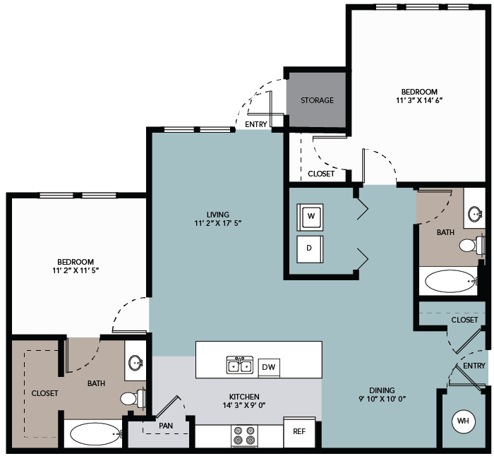 Floor plan for 2 beds, 2 baths, 1124 sqft