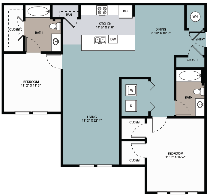 Floor plan for 2 beds, 2 baths, 1181 sqft