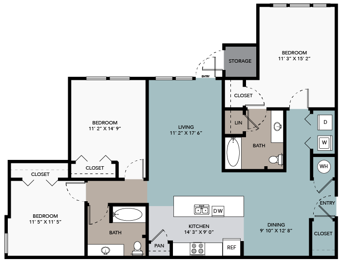 Floor plan for 3 beds, 2 baths, 1322 sqft
