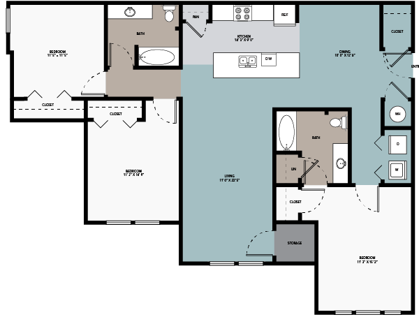 Floor plan for 3 beds, 2 baths, 1379 sqft