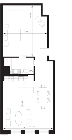 Floor plan for 1 bed, 1 bath, 1068 sqft