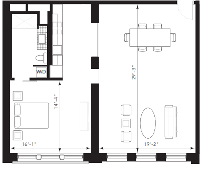 Floor plan for 1 bed, 1 bath, 1090 sqft