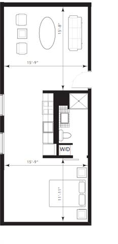 Floor plan for 1 bed, 1 bath, 679 sqft