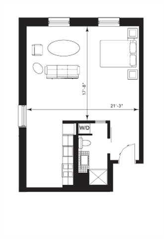 Floor plan for studio, 1 bath, 625 sqft