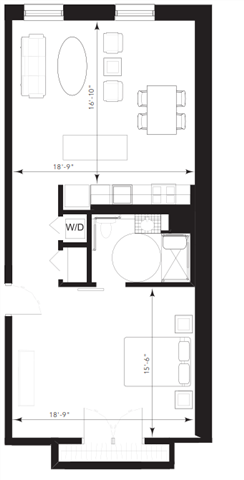 Floor plan for 1 bed, 1 bath, 849 sqft