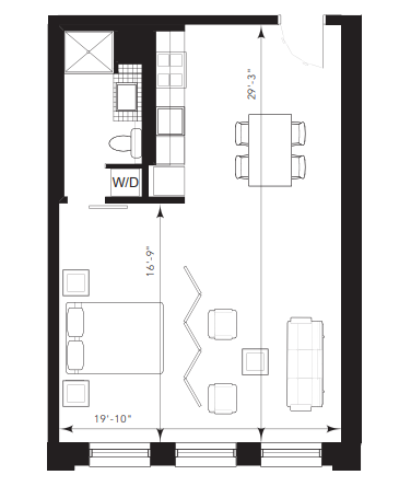 Floor plan for studio, 1 bath, 591 sqft