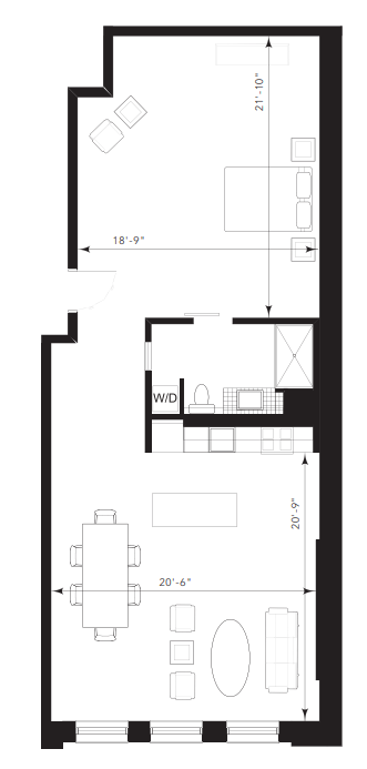 Floor plan for 1 bed, 1 bath, 1068 sqft