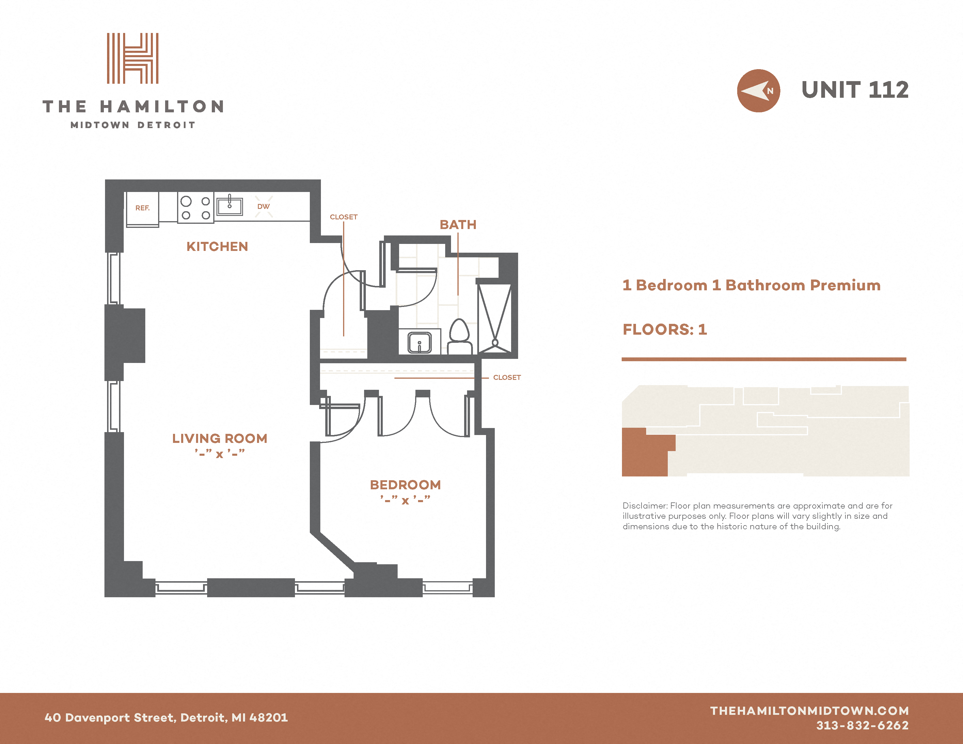 Floor plan for 1 bed, 1 bath, 628 sqft