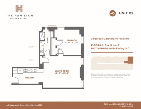 Floor plan for 1 bed, 1 bath, 627 sqft