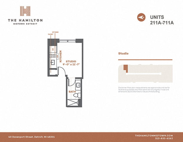 Floor plan for studio, 1 bath, 170 sqft