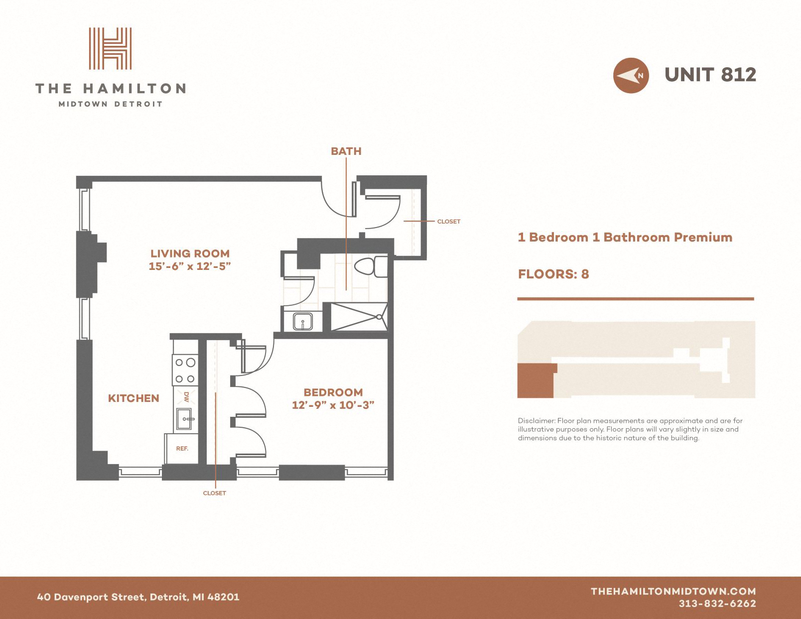 Floor plan for 1 bed, 1 bath, 573 sqft