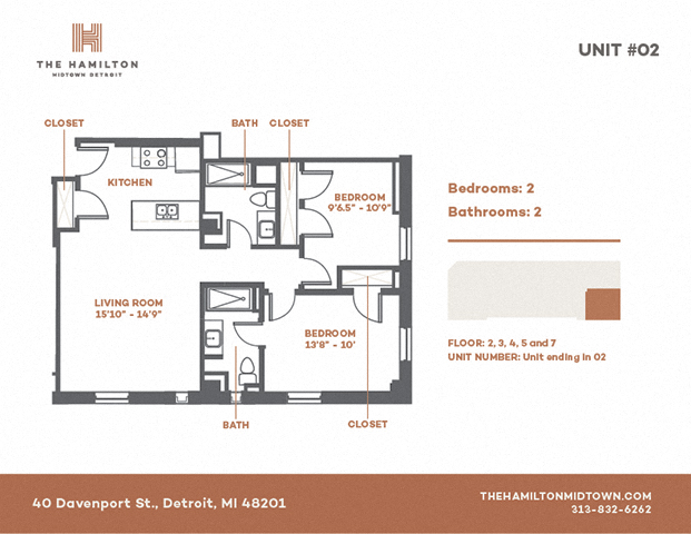 Floor plan for 2 beds, 2 baths, 810 sqft